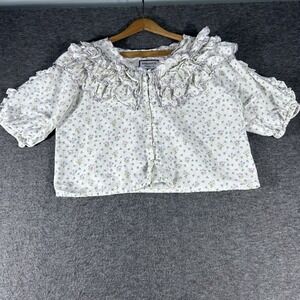 Women's Boho Peasant White Ruffle Collar & Sleeve Micro Purple Floral Boxy Top S